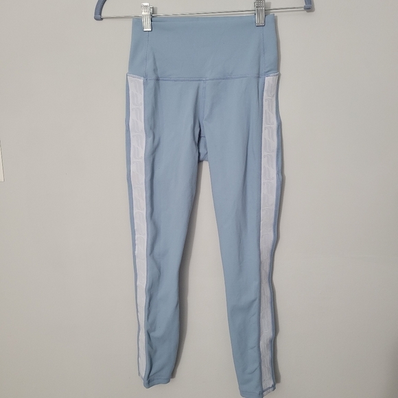Fabletics Powerhold Baby Blue Logo Stripe Athletic Leggings - Picture 2 of 10